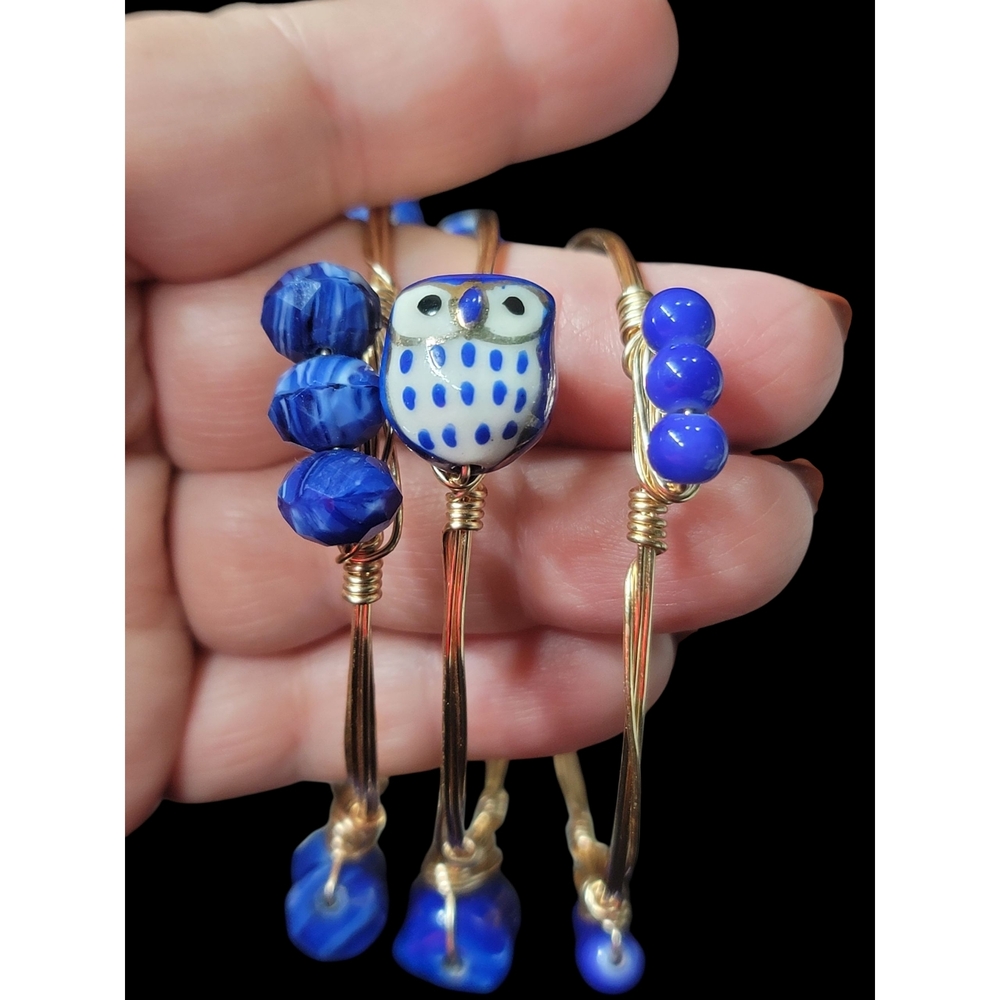 Whimsical Blue Owl Beaded Wire Wrapped Three Bracelet Set